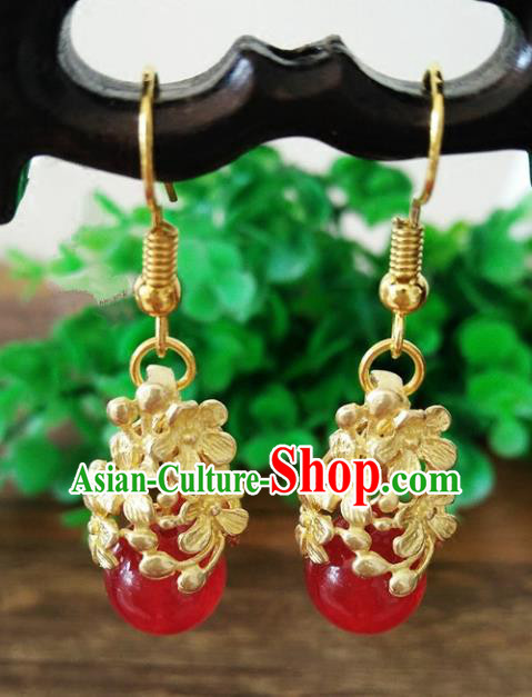 Chinese Handmade Accessories Hanfu Red Bead Eardrop Ancient Brass Earrings for Women
