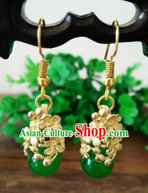 Chinese Handmade Accessories Hanfu Green Bead Eardrop Ancient Brass Earrings for Women