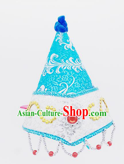 Traditional Chinese Mongol Nationality Blue Hats Hair Accessories, Mongolian Minority Dance Headwear for Kids