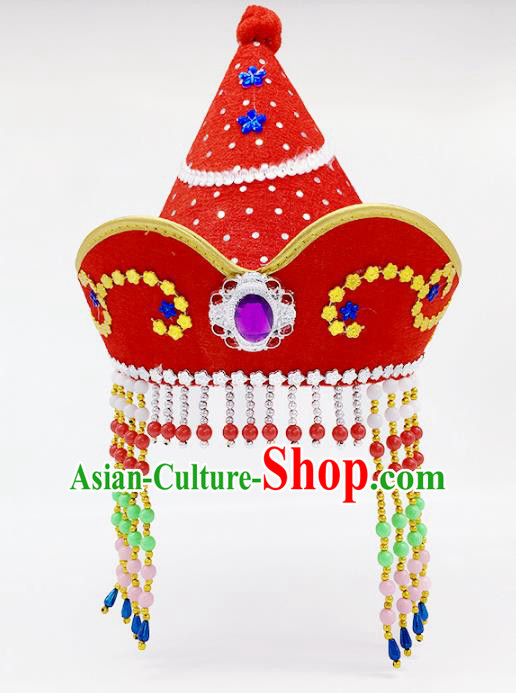 Traditional Chinese Mongol Nationality Red Hats, Mongolian Minority Hair Accessories Dance Headwear for Kids