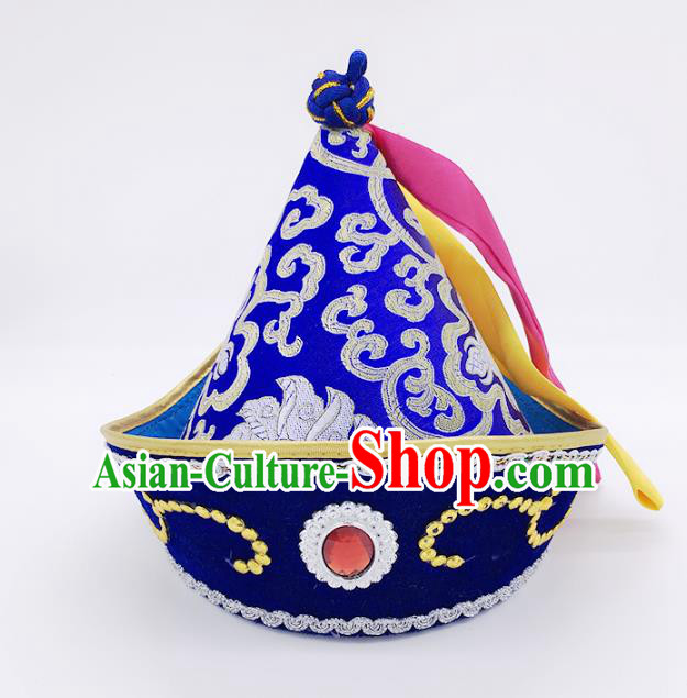 Traditional Chinese Mongol Nationality Hat Hair Accessories, Handmade Mongolian Minority Royalblue Hats Headwear for Kids