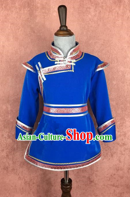 Traditional Chinese Mongol Nationality Costume, Mongolian Folk Dance Royalblue Robe Clothing for Kids