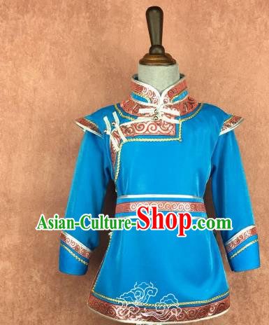 Traditional Chinese Mongol Nationality Costume, Mongolian Folk Dance Blue Robe Clothing for Kids