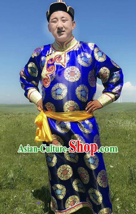 Traditional Chinese Mongol Nationality Costume Royalblue Mongolian Robe, Mongolian Folk Dance Clothing for Men