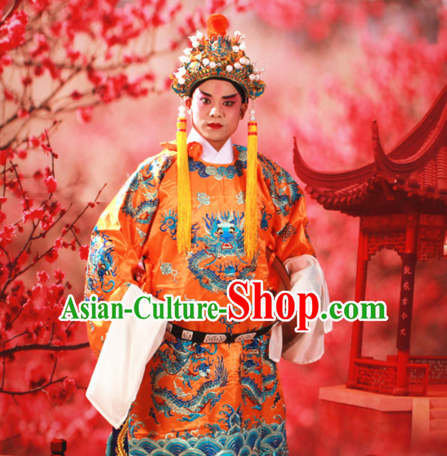 Yellow Color Chinese Classical Beijing Opera Mang Embroidered Dragon Long Robe for Men