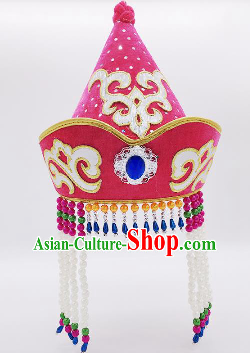 Traditional Chinese Mongol Nationality Pink Hats, Mongolian Minority Hair Accessories Dance Headwear for Kids