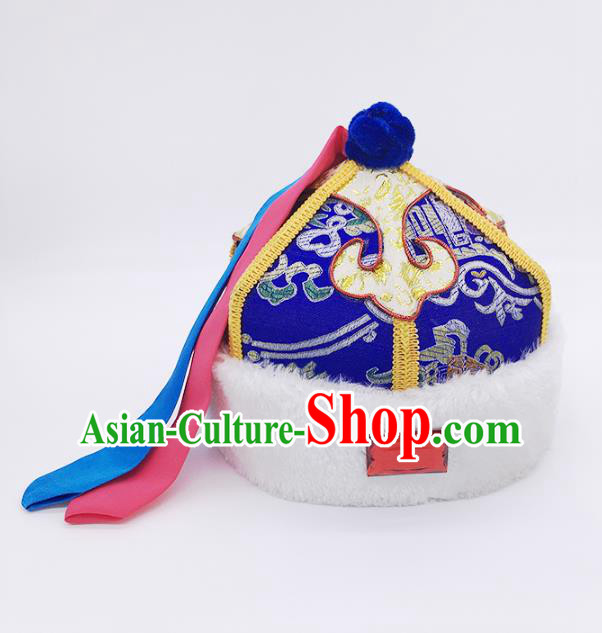 Traditional Chinese Mongol Nationality Children Royalblue Hats, Mongolian Minority Hair Accessories Dance Headwear for Kids