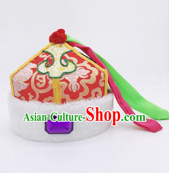 Traditional Chinese Mongol Nationality Children Red Hats, Mongolian Minority Hair Accessories Dance Headwear for Kids