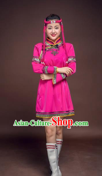 Chinese Mongol Nationality Rosy Costume, Traditional Mongolian Folk Dance Clothing Mongolian Robe for Women