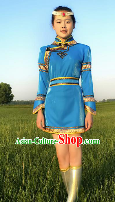 Chinese Mongol Nationality Blue Costume, Traditional Mongolian Folk Dance Clothing Mongolian Robe for Women