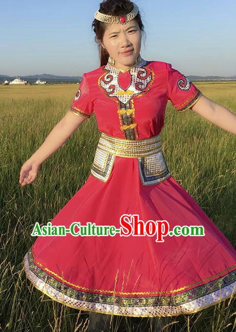 Chinese Mongol Nationality Ethnic Costume Rosy Dress, Traditional Mongolian Folk Dance Clothing for Women