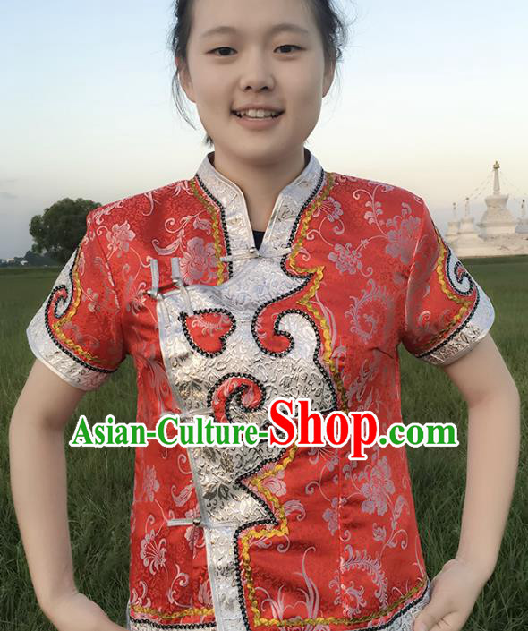 Chinese Mongol Nationality Ethnic Red Blouse Costume, Traditional Mongolian Folk Dance Waistcoat for Women