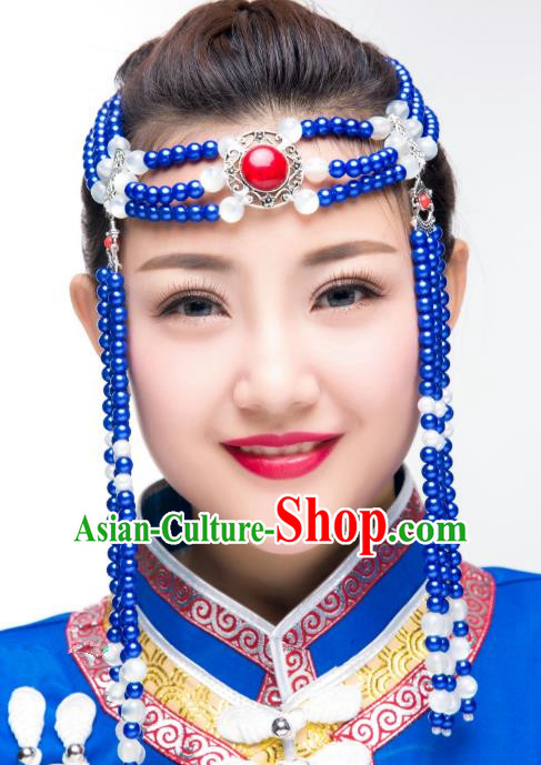 Traditional Chinese Folk Dance Blue Beads Tassel Hair Accessories, Mongolian Minority Hair Jewelry Dance Headwear for Women