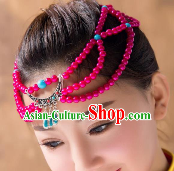 Traditional Chinese Folk Dance Rosy Beads Hair Accessories, Mongolian Minority Hair Jewelry Dance Headwear for Women