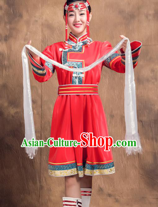 Chinese Traditional Female Ethnic Costume, Mongolian Minority Folk Dance Red Dress for Women