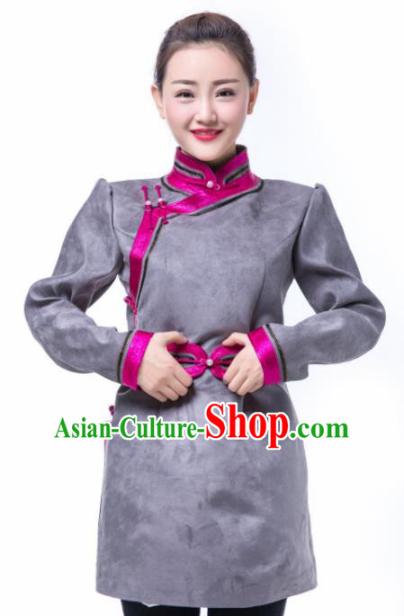 Chinese Traditional Female Grey Suede Fabric Ethnic Costume, China Mongolian Minority Folk Dance Clothing for Women