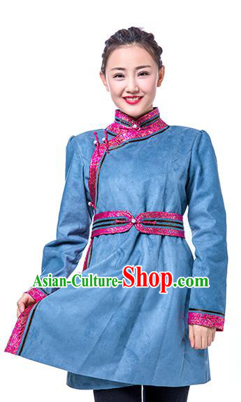 Chinese Traditional Female Blue Suede Fabric Ethnic Costume, China Mongolian Minority Folk Dance Clothing for Women