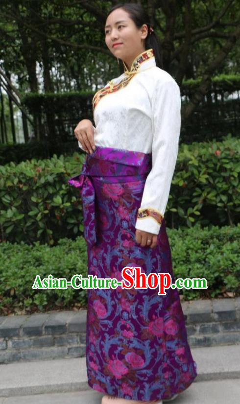 Chinese Traditional Minority Costume Zang Nationality Purple Brocade Bust Skirt for Women