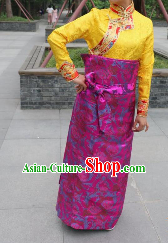 Chinese Traditional Minority Costume Zang Nationality Rosy Brocade Bust Skirt for Women