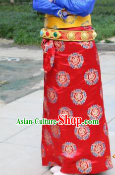 Chinese Traditional Minority Dance Costume Zang Nationality Red Brocade Skirt for Women