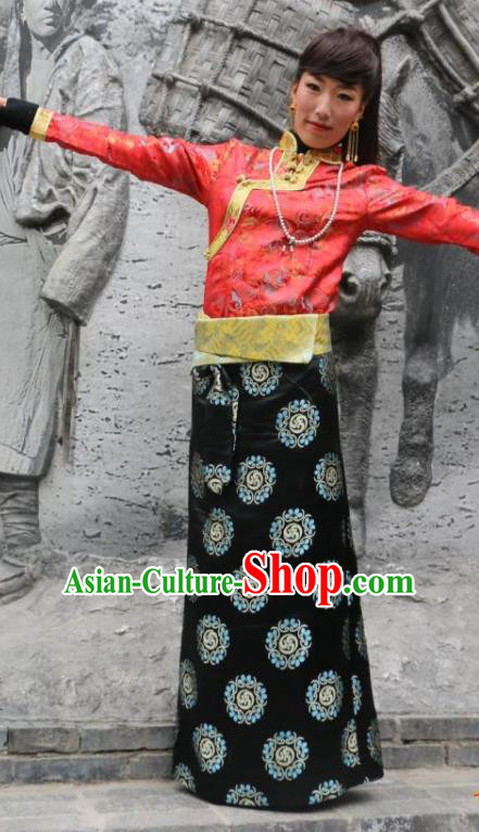 Chinese Traditional Minority Dance Costume Zang Nationality Black Brocade Skirt for Women