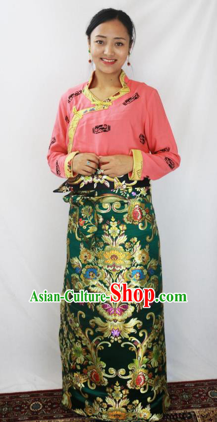 Chinese Traditional Minority Dance Costume Zang Nationality Tibetan Minority Green Skirt for Women