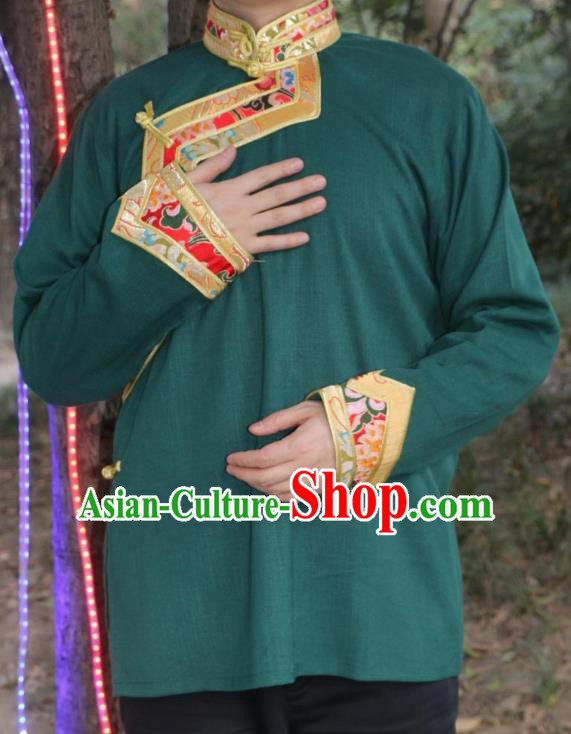 Chinese Traditional Tibetan Minority Dance Costume Zang Nationality Green Shirt for Men