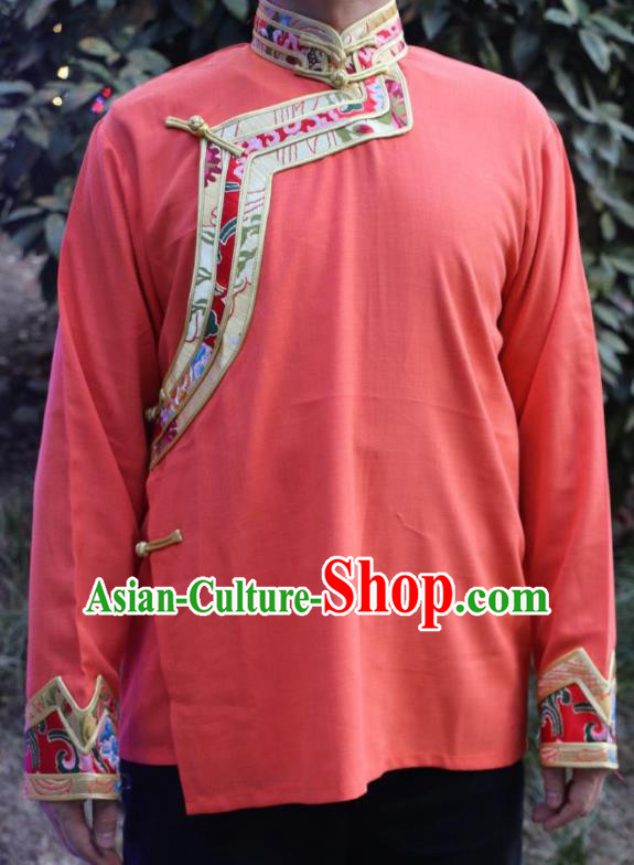 Chinese Traditional Tibetan Minority Dance Costume Zang Nationality Pink Shirt for Men