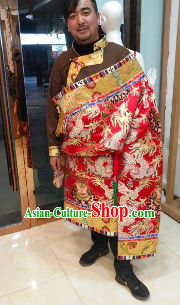 Chinese Traditional Tibetan Minority Dance Costume Zang Nationality Red Tibetan Robe for Men