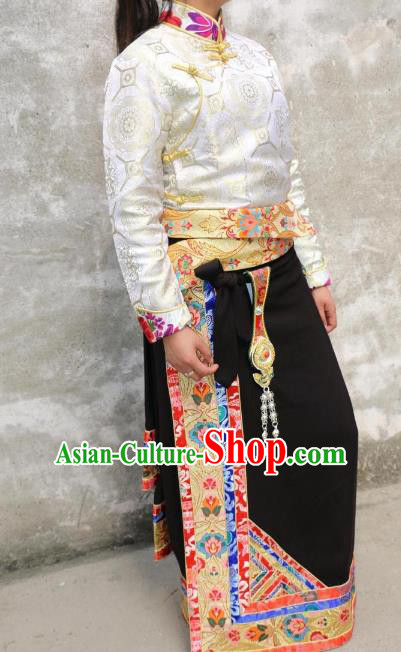 Chinese Traditional Minority Dance Costume Black Tibetan Skirt Zang Nationality Clothing for Women