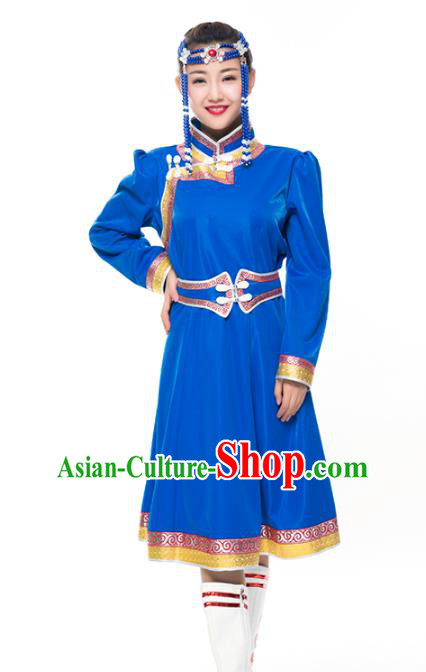 Chinese Traditional Female Ethnic Costume Blue Mongolian Robe, China Mongolian Minority Folk Dance Clothing for Women