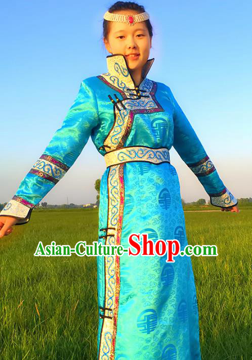 Chinese Mongol Nationality Female Ethnic Costume, Traditional Mongolian Folk Dance Blue Mongolian Robe for Women