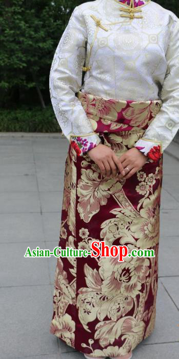 Chinese Traditional Minority Dance Costume Wine Red Tibetan Skirt Zang Nationality Clothing for Women