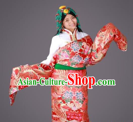 Chinese Traditional Minority Dance Costume Red Tibetan Robe Zang Nationality Clothing for Women