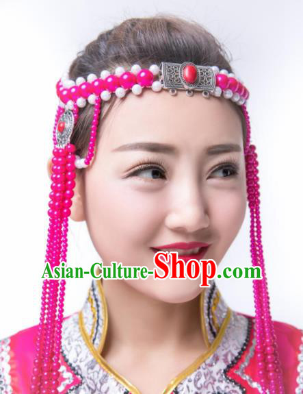 Traditional Chinese Folk Dance Rosy Beads Tassel Hair Accessories, Mongolian Minority Hair Jewelry Dance Headwear for Women