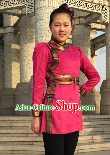 Chinese Traditional Female Ethnic Costume Rosy Suede Fabric Mongolian Robe, China Mongolian Minority Folk Dance Clothing for Women