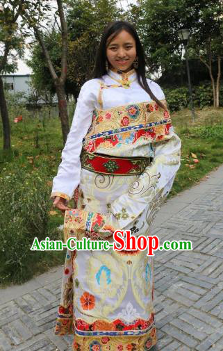 Chinese Traditional Minority Wedding Costume White Tibetan Robe Zang Nationality Clothing for Women