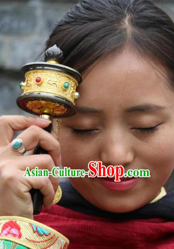 Chinese Zang Nationality Handmade Accessories Prayer Wheel Tibetan Minority Sutra-Canisters