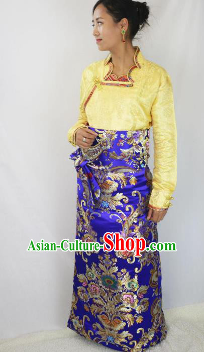 Chinese Traditional Minority Costume Tibetan Royalblue Brocade Skirt Zang Nationality Clothing for Women