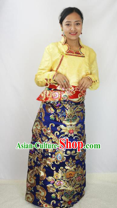 Chinese Traditional Minority Costume Tibetan Navy Brocade Skirt Zang Nationality Clothing for Women