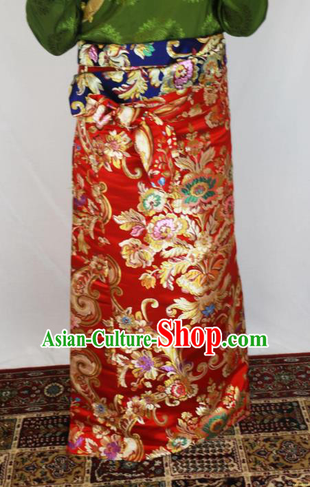 Chinese Traditional Minority Costume Tibetan Red Brocade Skirt Zang Nationality Clothing for Women