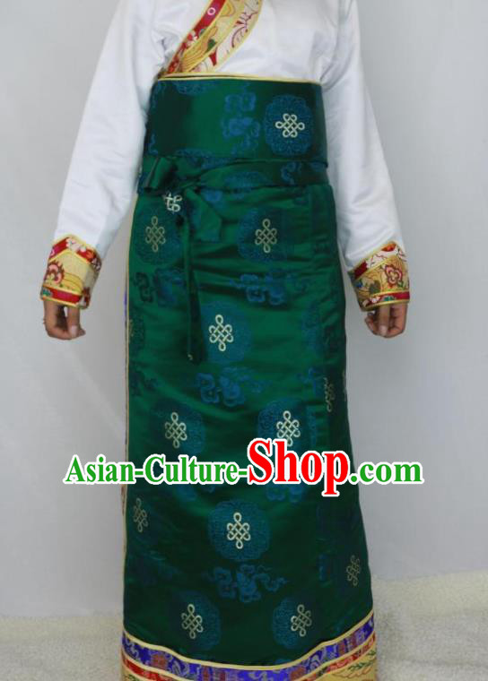 Chinese Traditional Minority Costume Tibetan Green Brocade Skirt Zang Nationality Clothing for Women