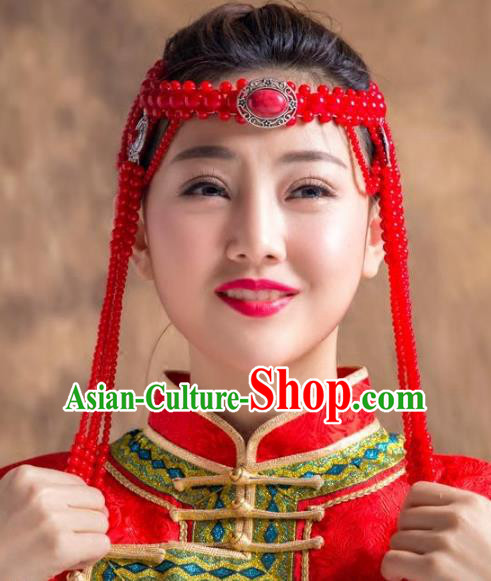 Traditional Chinese Folk Dance Tassel Hair Accessories, Mongolian Minority Red Beads Hair Jewelry Dance Headband for Women