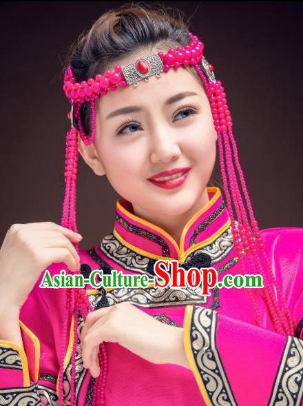 Traditional Chinese Folk Dance Tassel Hair Accessories, Mongolian Minority Rosy Beads Hair Jewelry Dance Headband for Women