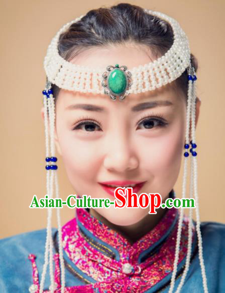Traditional Chinese Folk Dance Tassel Kallaite Hair Accessories, Mongolian Minority Bride Hair Jewelry Dance Headband for Women