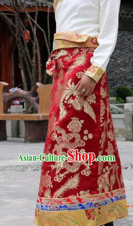 Chinese Traditional Tibetan Red Skirt Minority Costume Zang Nationality Clothing for Women