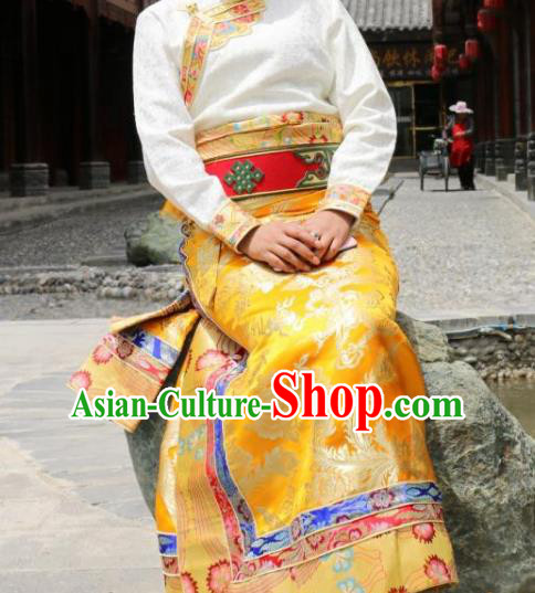 Chinese Traditional Tibetan Yellow Skirt Minority Costume Zang Nationality Clothing for Women