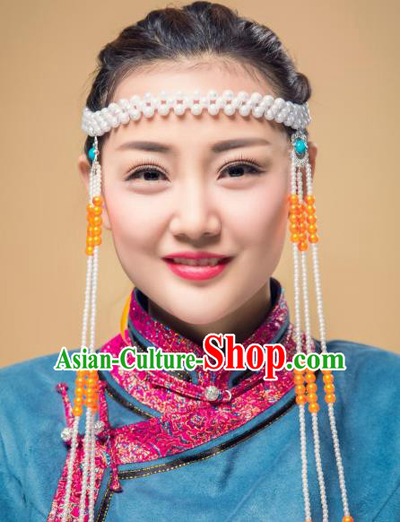 Chinese Traditional Folk Dance Tassel Hair Accessories, Mongolian Minority Bride Orange Beads Hair Jewelry Dance Headband for Women