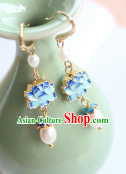 Chinese Ancient Handmade Earrings Accessories Hanfu Blueing Lotus Eardrop for Women