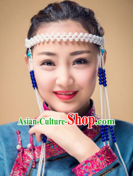 Chinese Traditional Folk Dance Tassel Hair Accessories, Mongolian Minority Bride Blue Beads Hair Jewelry Dance Headband for Women
